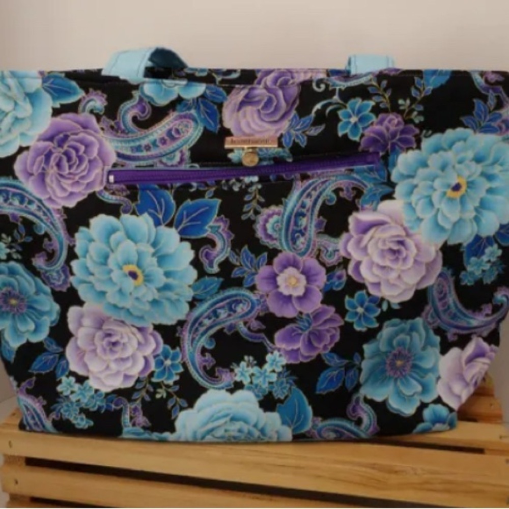 Elegant Floral Large handmade purse with Blue and Purple Accents